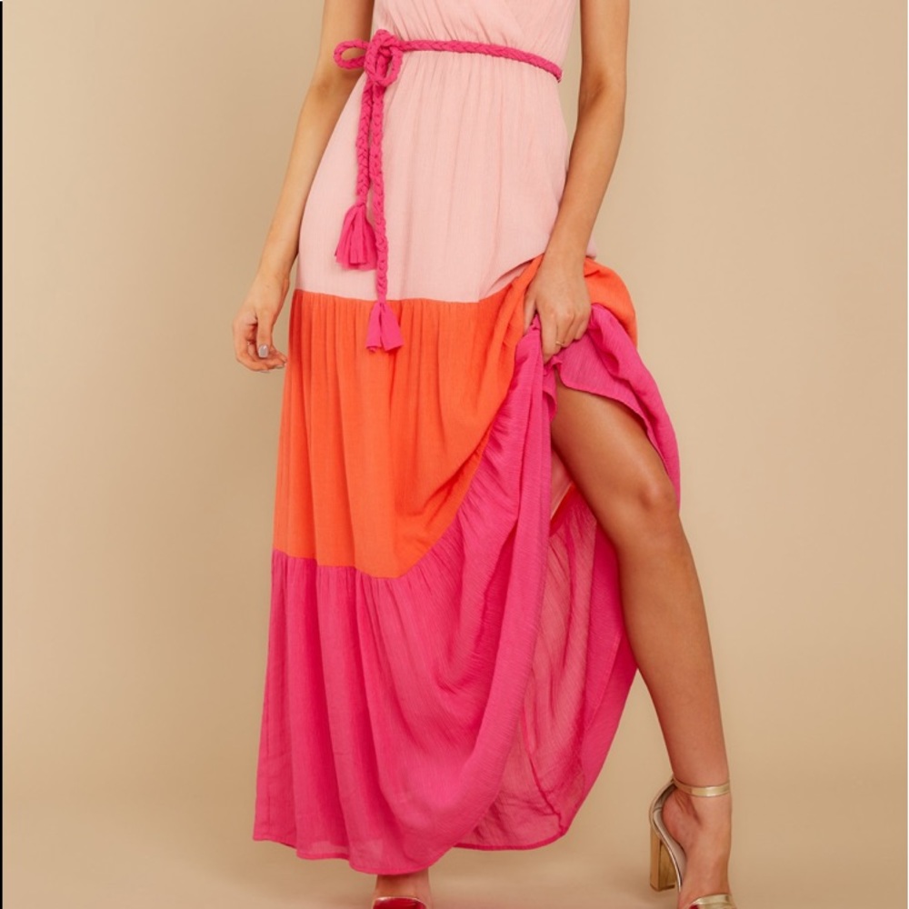 Multicolor Pink Block Colors Belted Maxi Dress - Picture 5 of 7